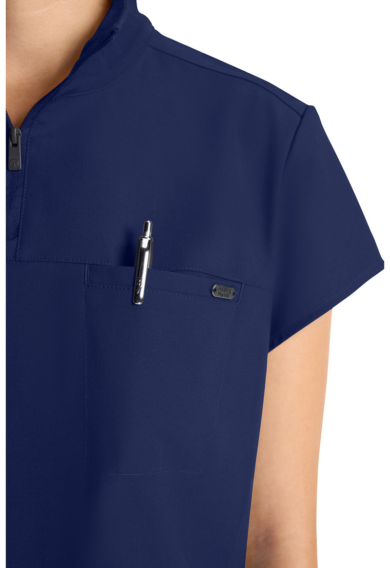 navy - Women's Partial Zip Stand Collar Top (View 3)