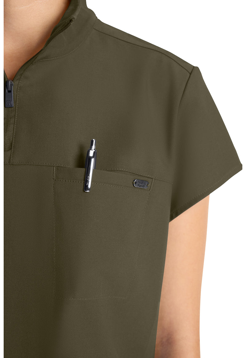 Olive - Women's Partial Zip Stand Collar Scrub Top (View 3)