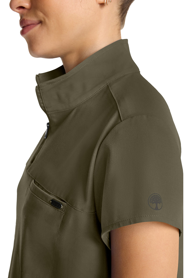 Olive - Women's Partial Zip Stand Collar Scrub Top (View 4)