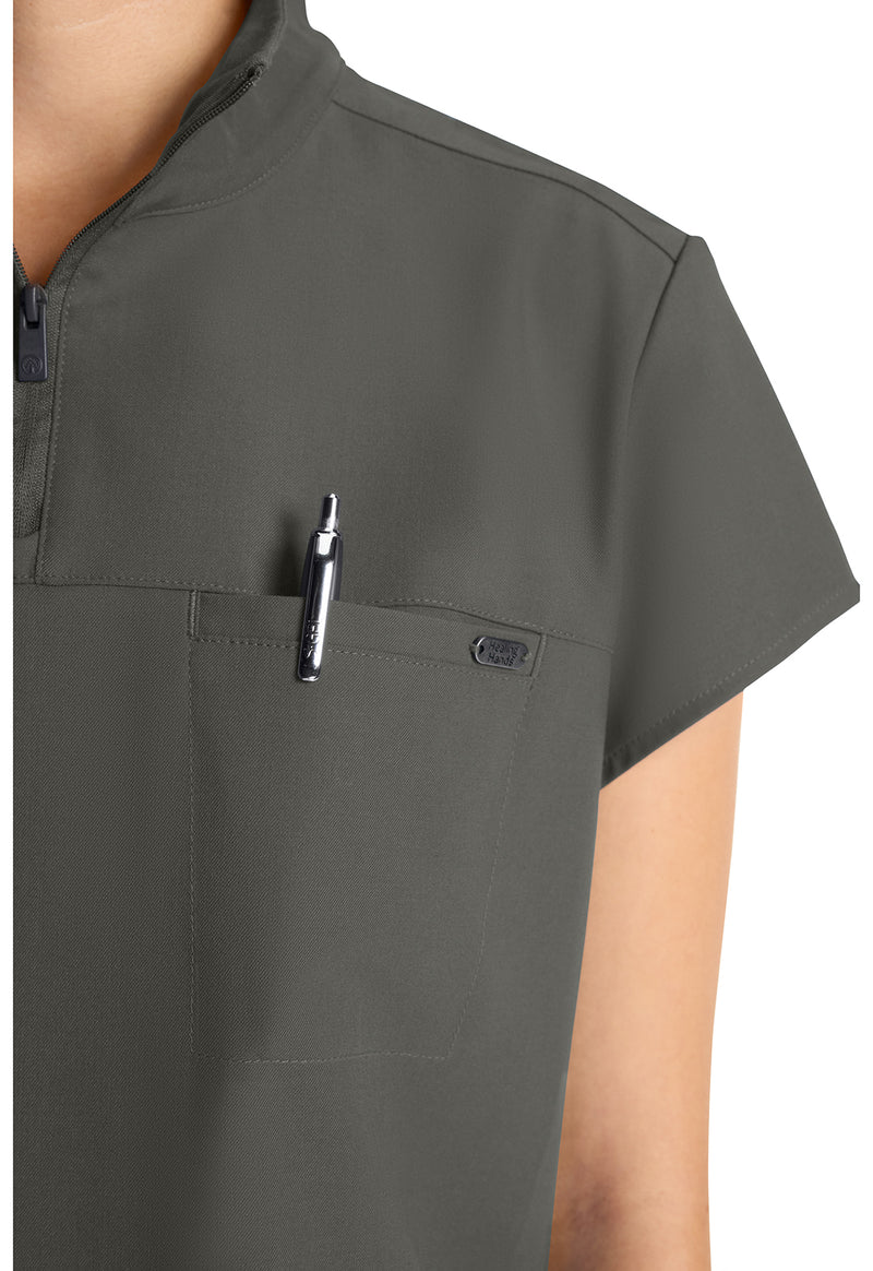 Pewter - Women's Partial Zip Stand Collar Scrub Top (View 3)