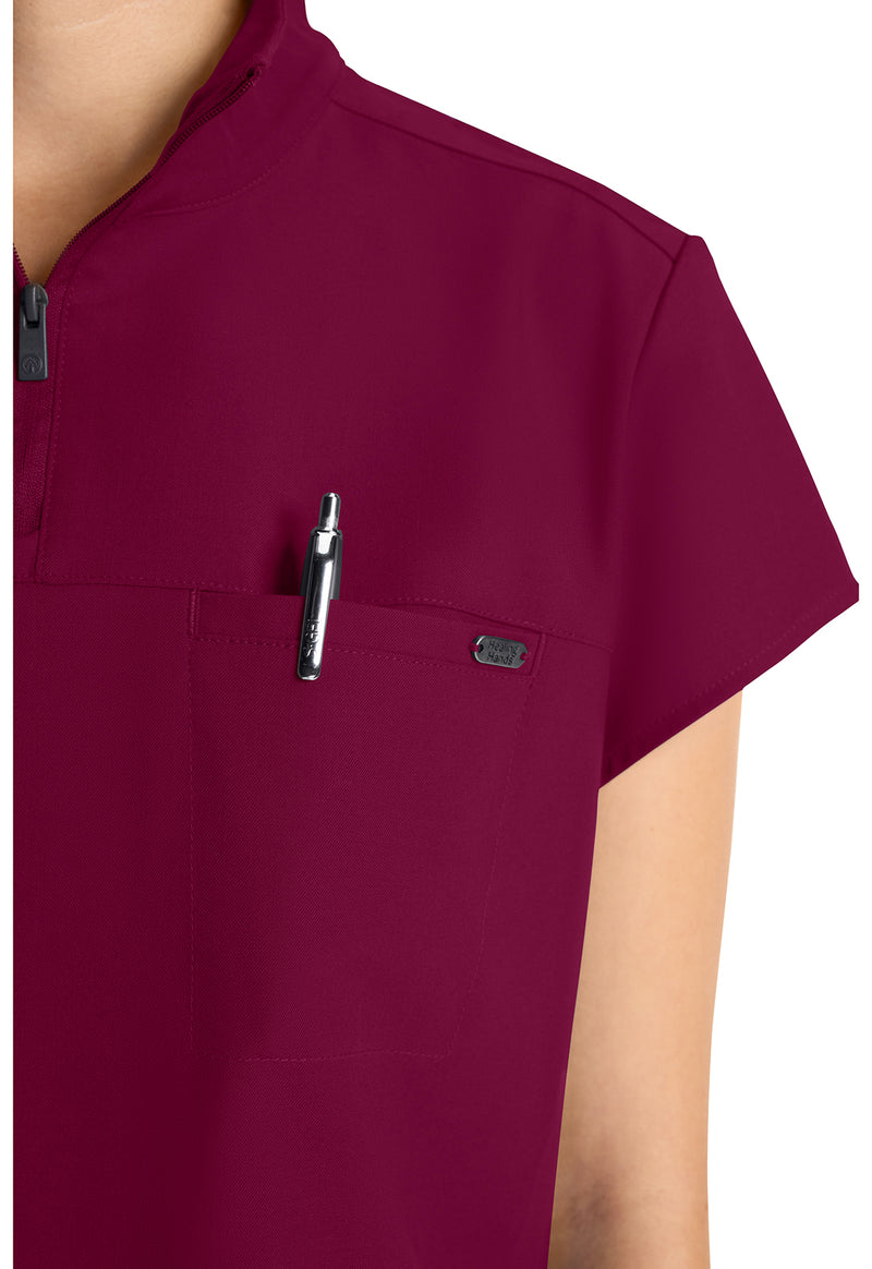 Wine - Women's Partial Zip Stand Collar Scrub Top (View 3)
