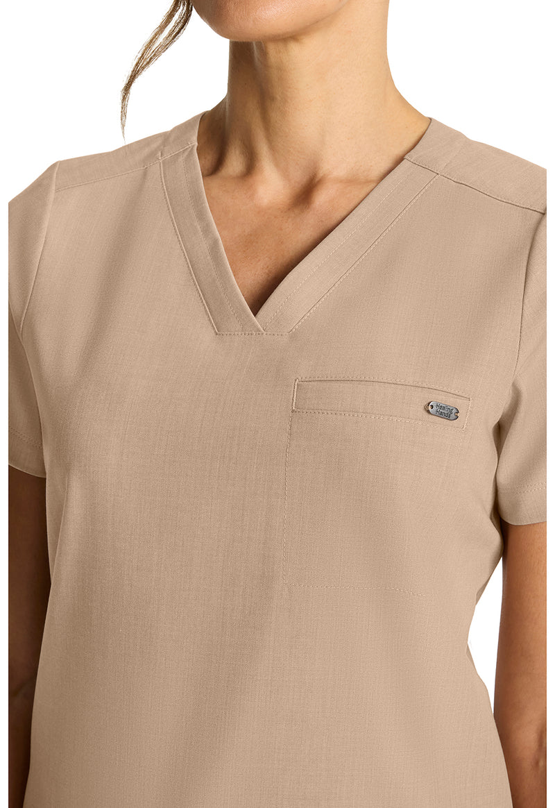 Desert Taupe - Women's Tuck-in V-Neck Scrub Top (View 4)