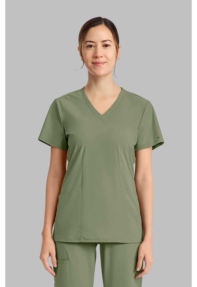 Olive - Cherokee IN Pursuit Women Scrub Top - Front View