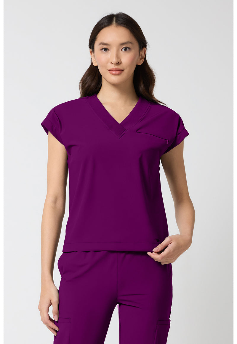 Wine - Cherokee IN Pursuit Women Scrub Top - Front View