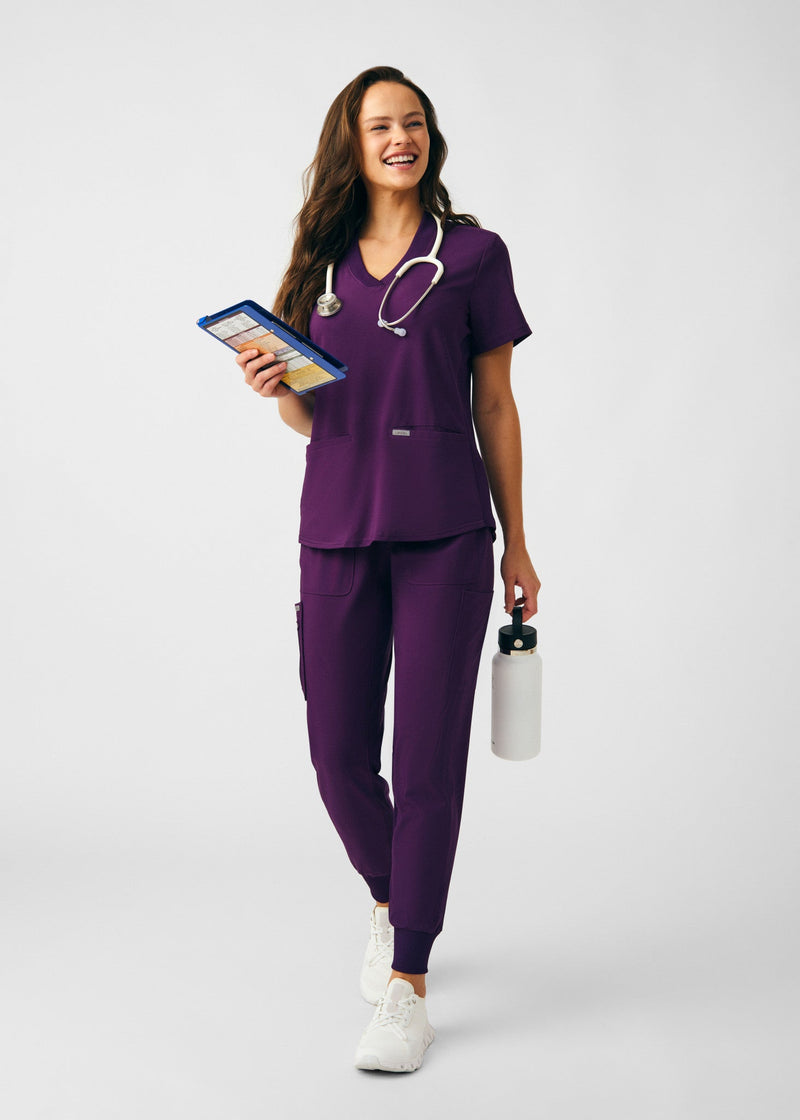 Eggplant - Landau Forward Women's 3 Pocket V-Neck Rib-Knit Scrub Top for Nursing