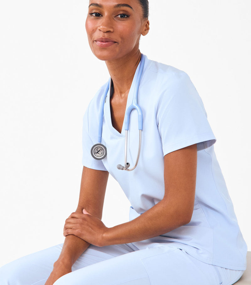 Ethereal Blue - Landau Forward Women's 3 Pocket V-Neck Rib-Knit Scrub Top for Nursing