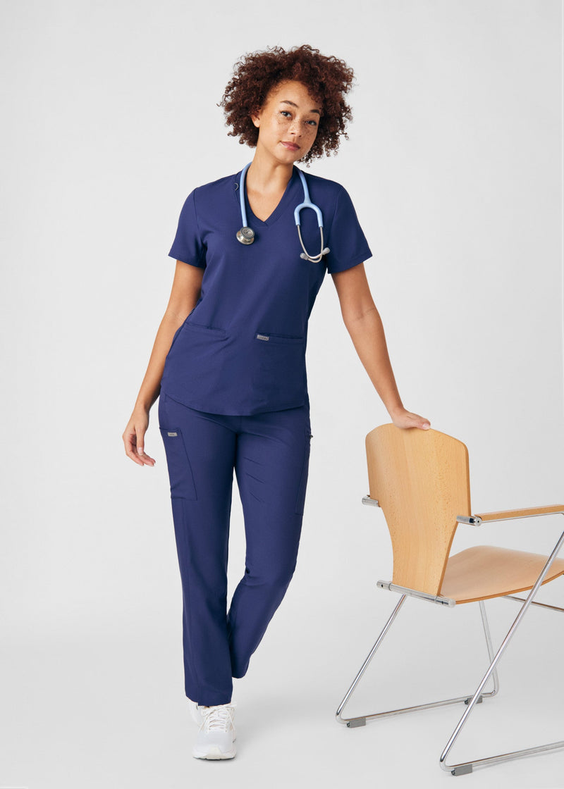 Navy - Landau Forward Women's 3 Pocket V-Neck Rib-Knit Scrub Top for Nursing