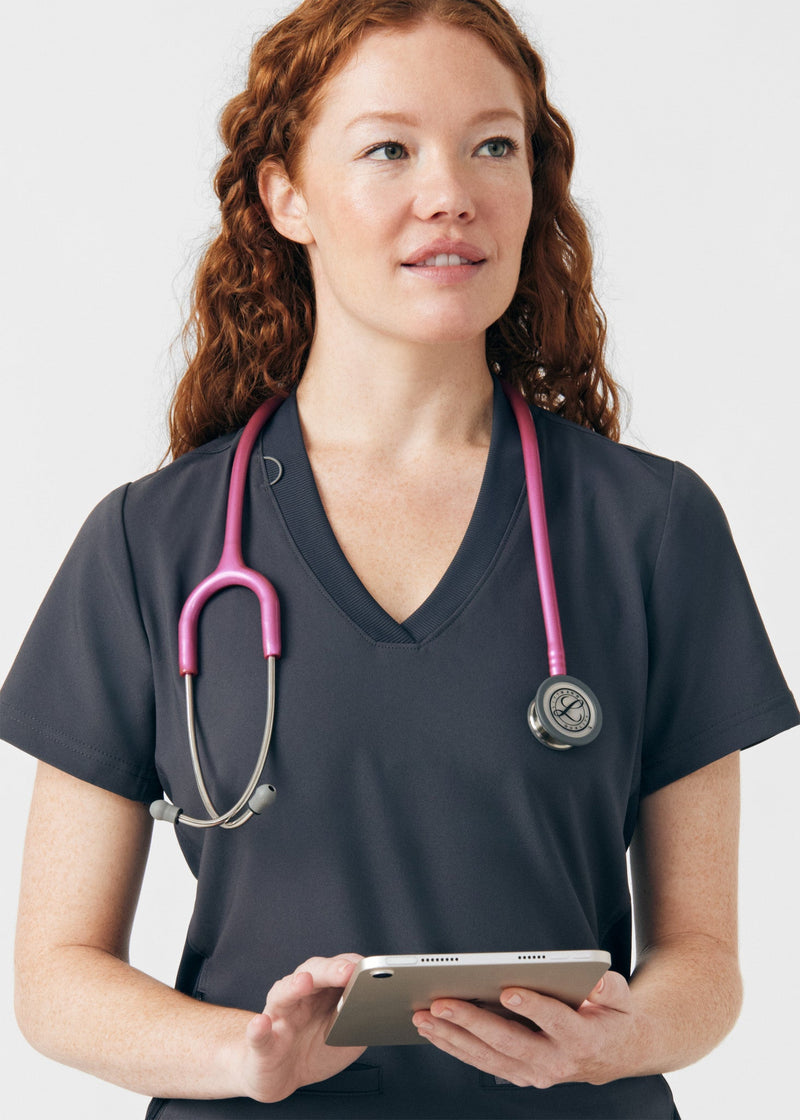 Pewter - Landau Forward Women's 3 Pocket V-Neck Rib-Knit Scrub Top for Nursing