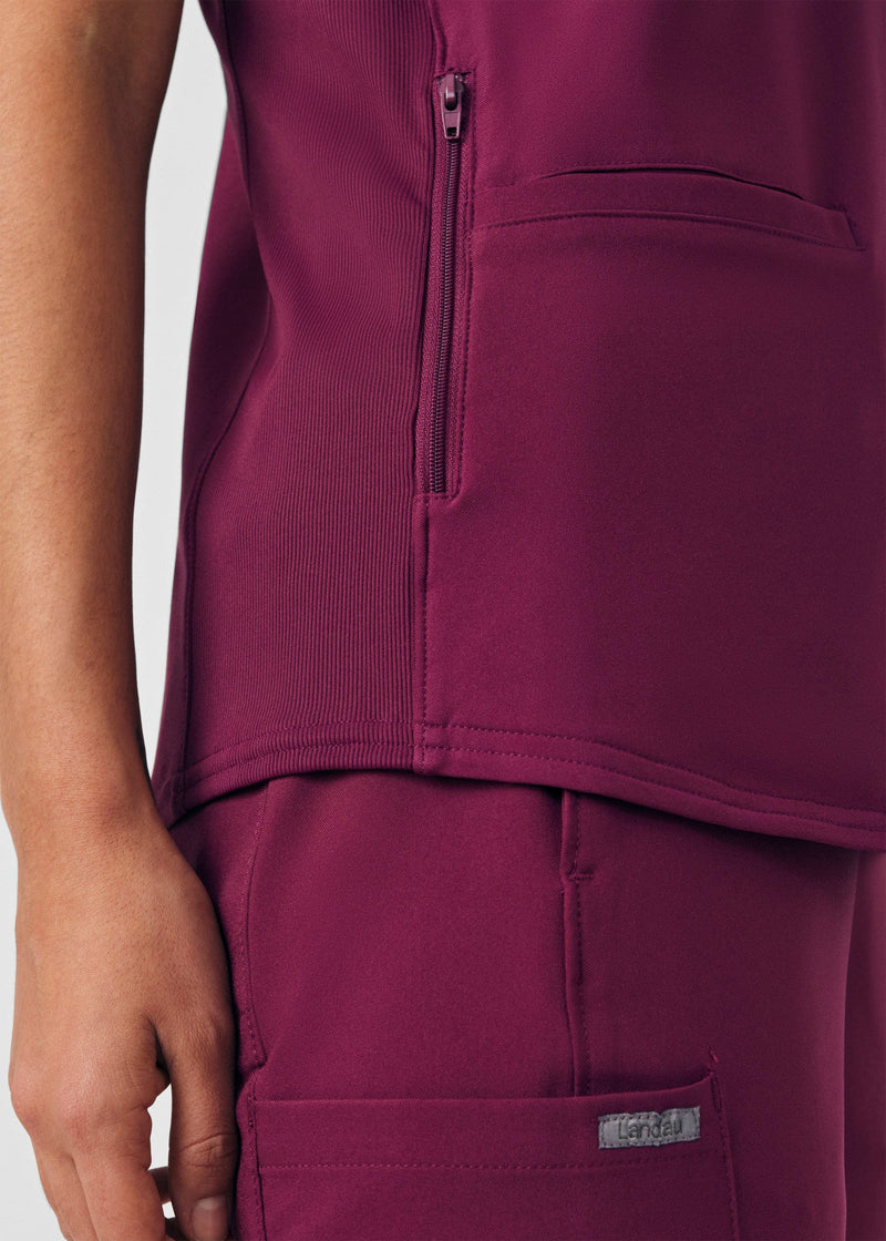 Wine - Landau Forward Women's 3 Pocket V-Neck Rib-Knit Scrub Top for Nursing