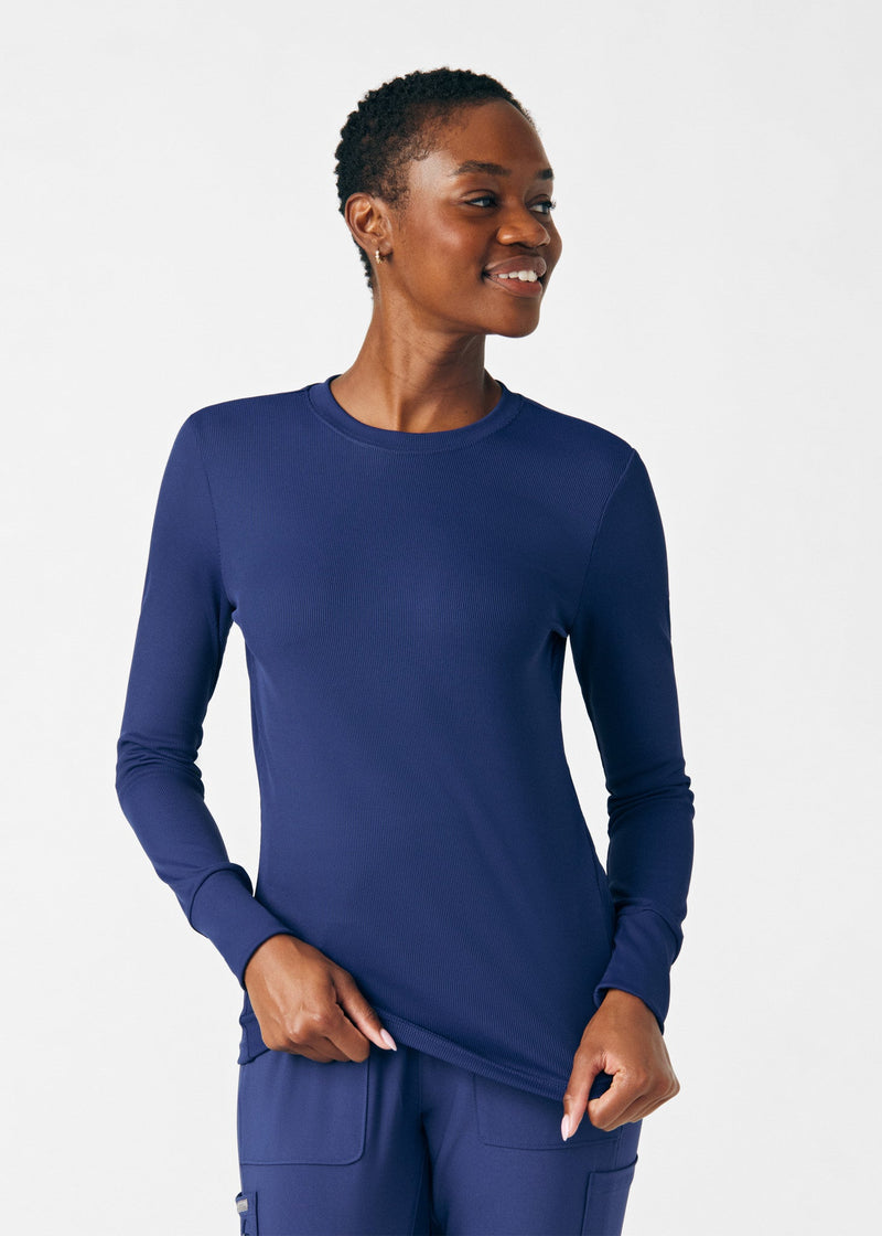 Navy - Landau Forward Women's 1 Pocket Long Sleeve Crew Neck Underscrub Tee for Nursing