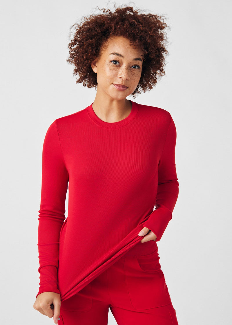 Red - Landau Forward Women's 1 Pocket Long Sleeve Crew Neck Underscrub Tee for Nursing