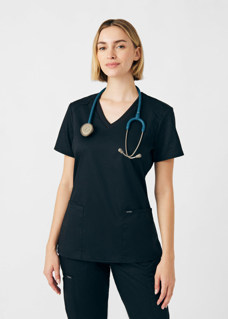 Black - Landau ProFlex Women's 3 Pocket V-Neck Rib-Knit Scrub Top for Nursing