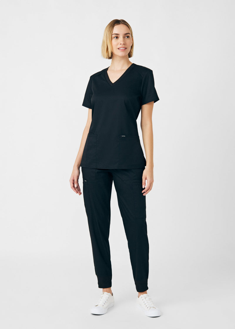 Black - Landau ProFlex Women's 3 Pocket V-Neck Rib-Knit Scrub Top for Nursing