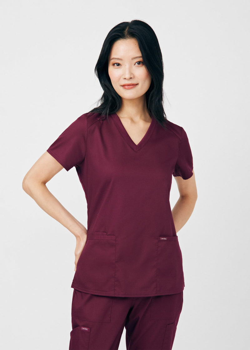 Wine - Landau ProFlex Women's 3 Pocket V-Neck Rib-Knit Scrub Top for Nursing