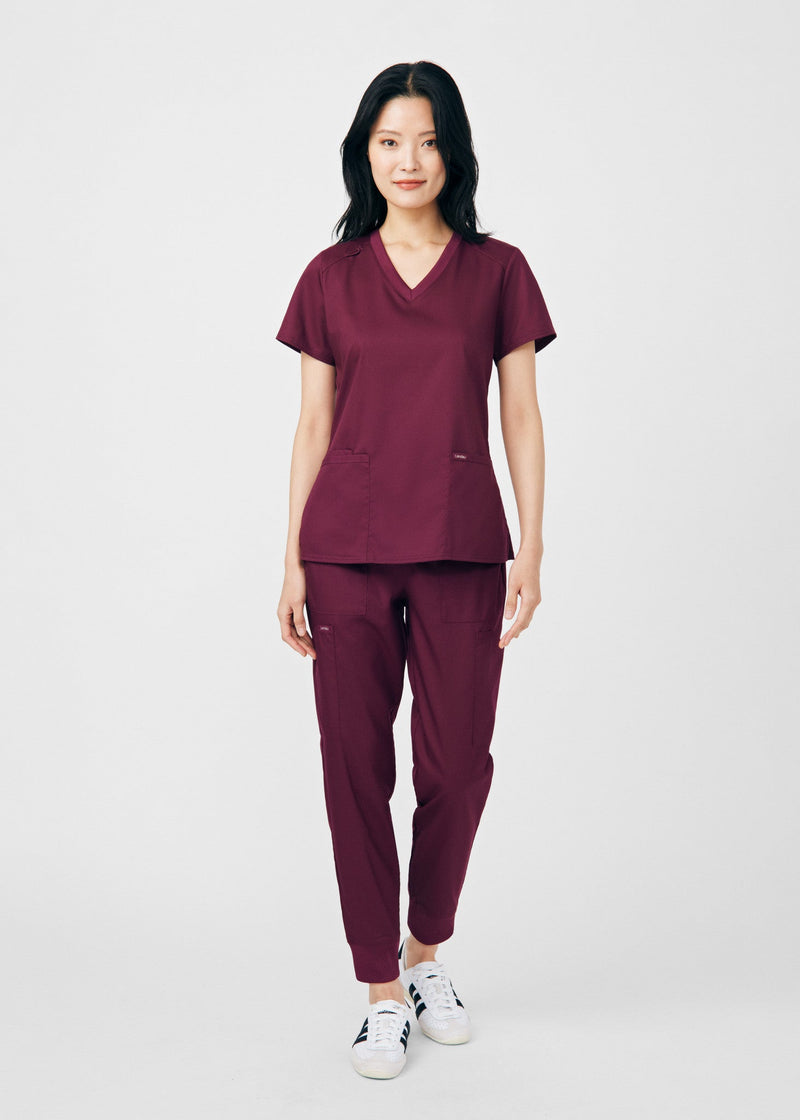 Wine - Landau ProFlex Women's 3 Pocket V-Neck Rib-Knit Scrub Top for Nursing
