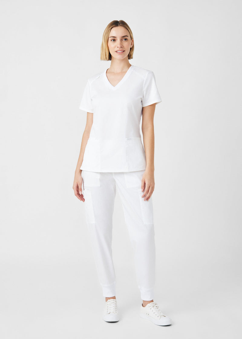 White - Landau ProFlex Women's 3 Pocket V-Neck Rib-Knit Scrub Top for Nursing
