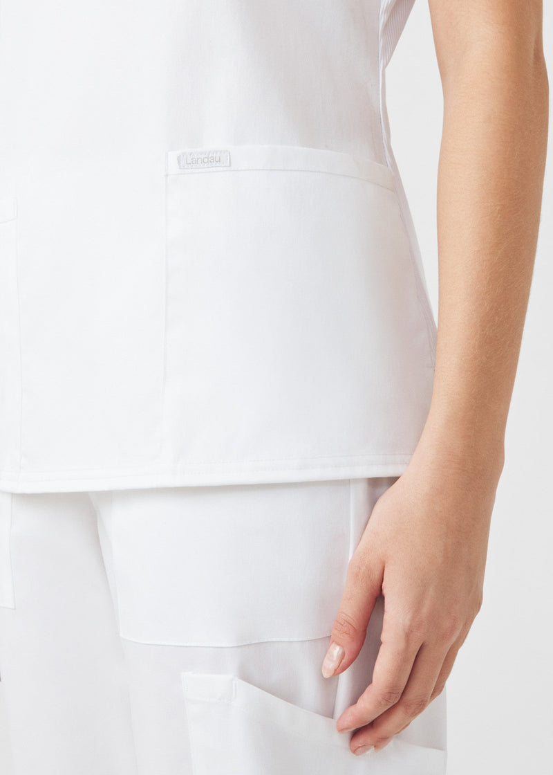 White - Landau ProFlex Women's 3 Pocket V-Neck Rib-Knit Scrub Top for Nursing