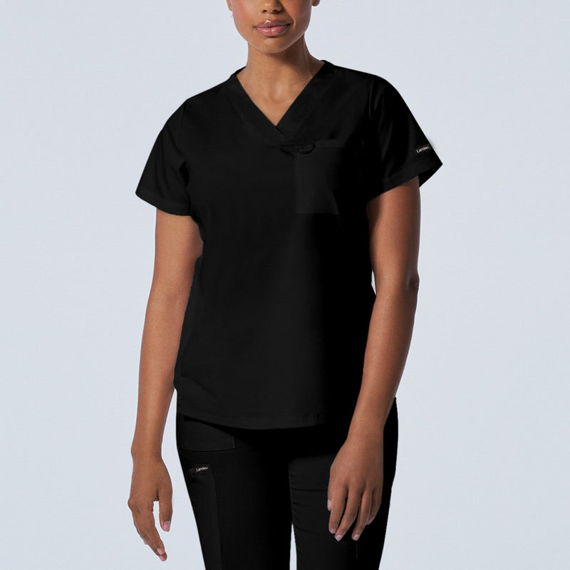 Black - Landau ProFlex Women's 2 Pocket V-Neck Rib-Knit Scrub Top for Nursing