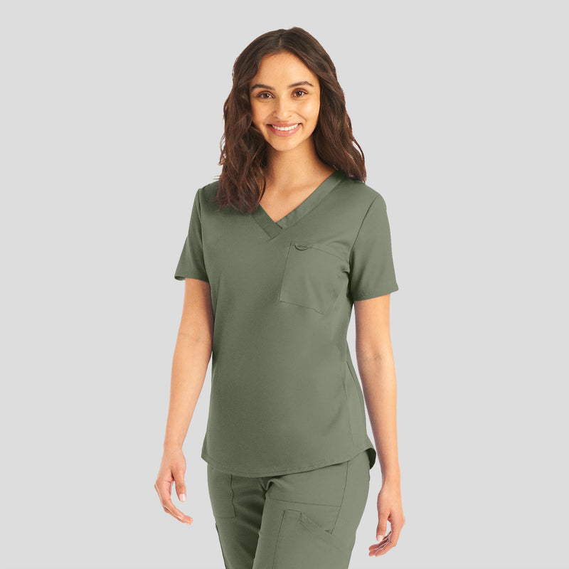 Olive Moss - Landau ProFlex Women's 2 Pocket V-Neck Rib-Knit Scrub Top for Nursing