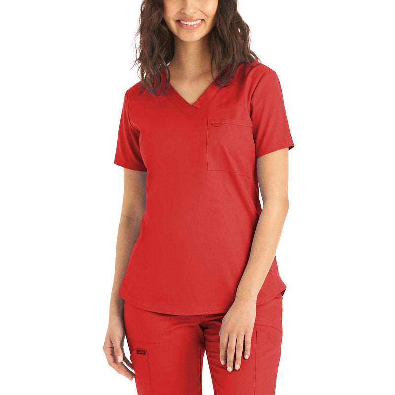 True Red - Landau ProFlex Women's 2 Pocket V-Neck Rib-Knit Scrub Top for Nursing