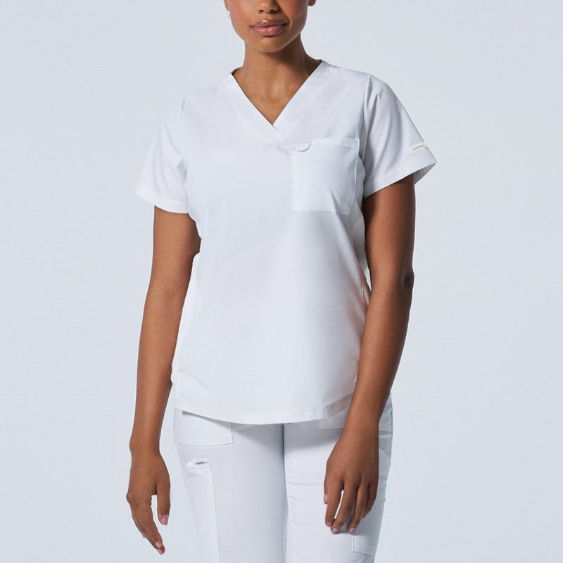 White - Landau ProFlex Women's 2 Pocket V-Neck Rib-Knit Scrub Top for Nursing