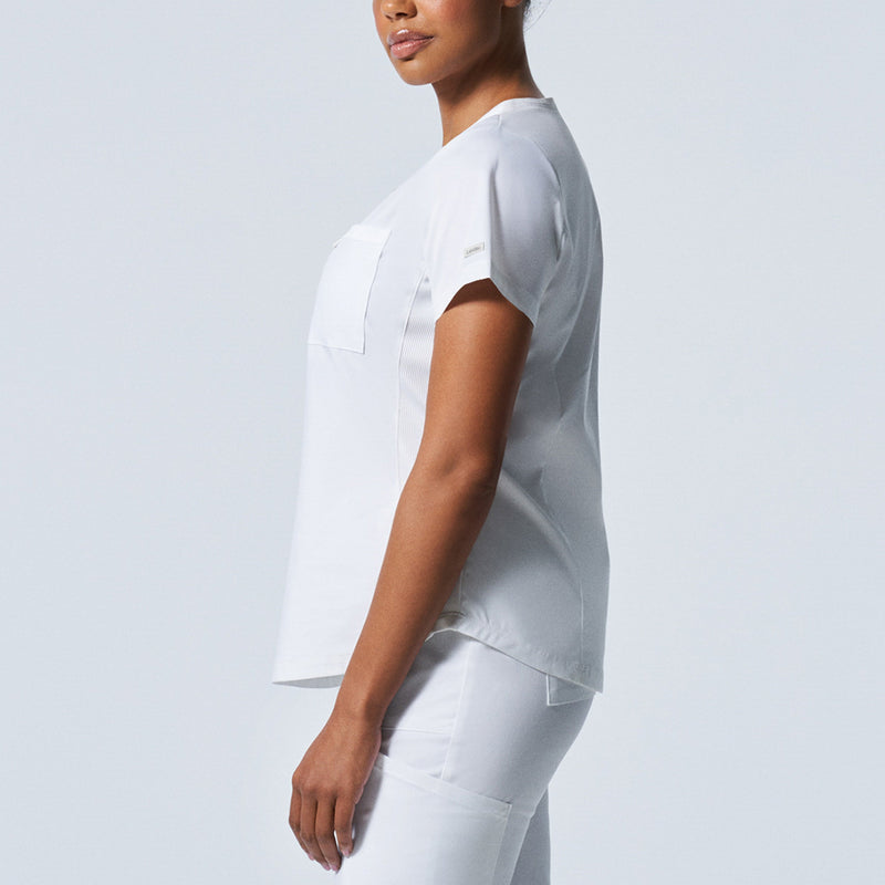 White - Landau ProFlex Women's 2 Pocket V-Neck Rib-Knit Scrub Top for Nursing