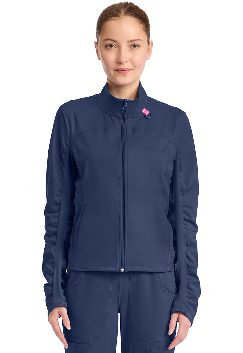 Navy - Med Couture AMP Knit Women Scrub Jacket - Front View