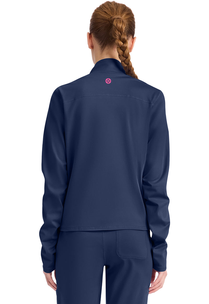 Navy - Med Couture AMP Knit Women Scrub Jacket - Back View