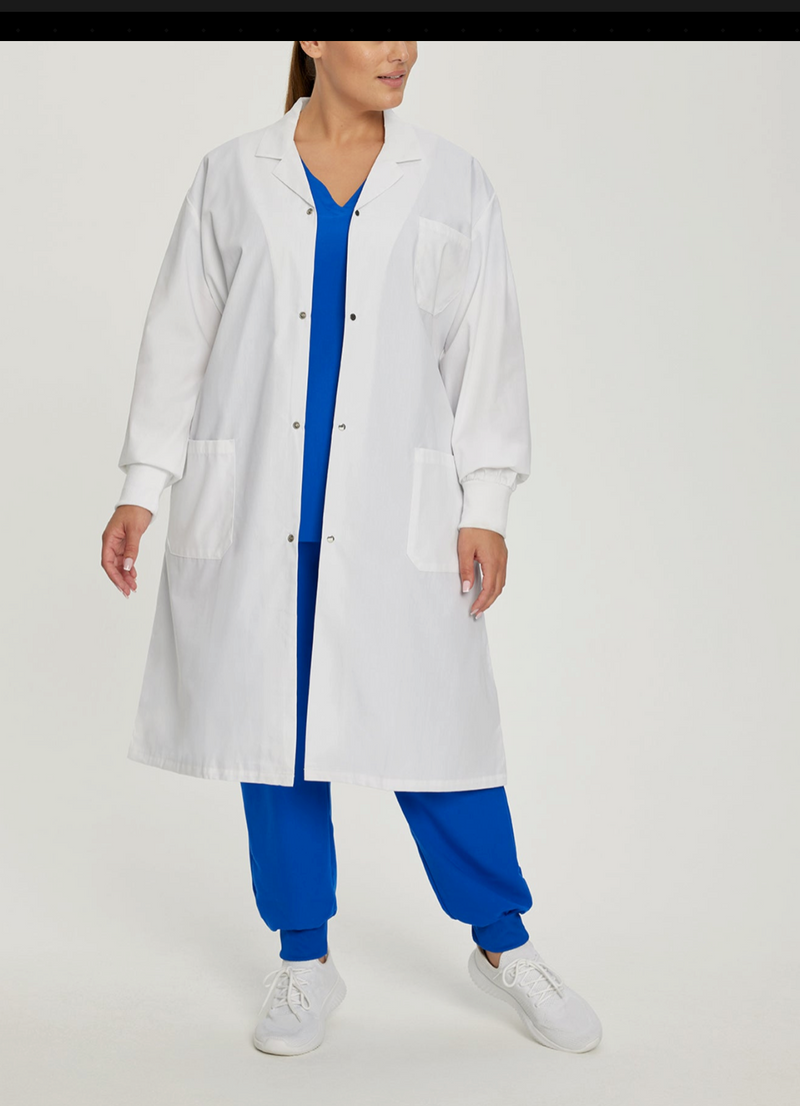 White Cross Core Unisex 3 Pocket Full Length Snap Front Knit Cuff Medical Lab Coat for Healthcare Professionals