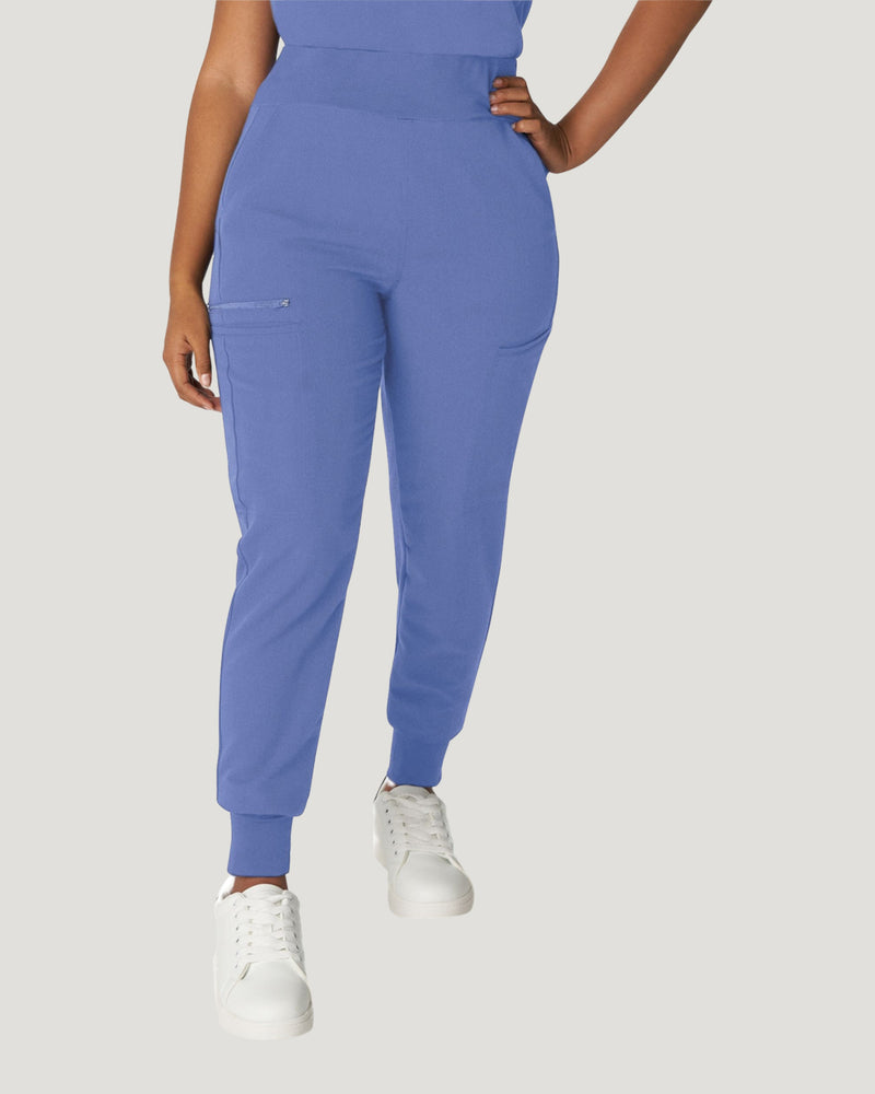 Ceil Blue - White Cross V-Tess Women's 7 Pocket Yoga Waist Cargo Jogger Scrub Pant for Nursing