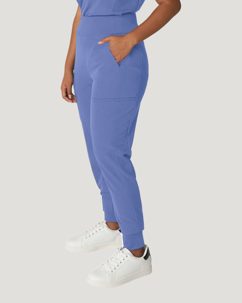 Ceil Blue - White Cross V-Tess Women's 7 Pocket Yoga Waist Cargo Jogger Scrub Pant for Nursing