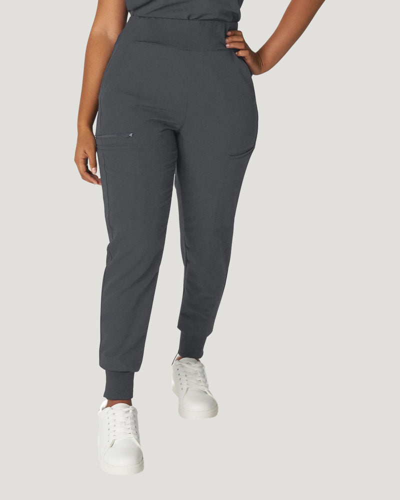 Dark Pewter - White Cross V-Tess Women's 7 Pocket Yoga Waist Cargo Jogger Scrub Pant for Nursing