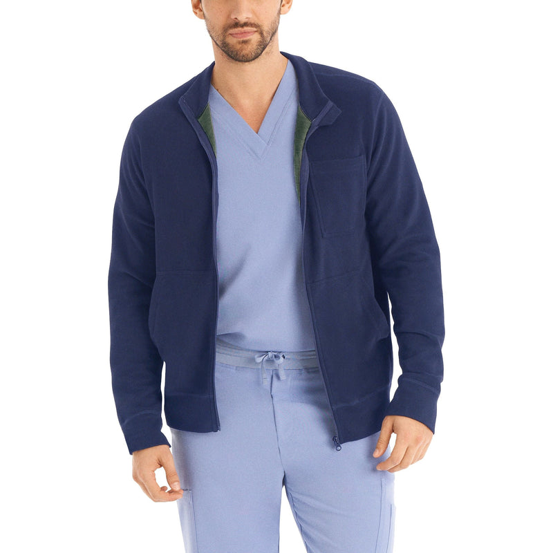Navy/heather Pine Grove - White Cross Unisex Scrub Jackets - Front View