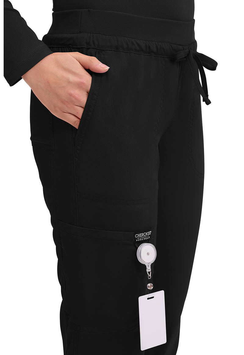 Black - Women's Mid Rise Tapered Leg Drawstring Scrub Pants – Petite (View 2)