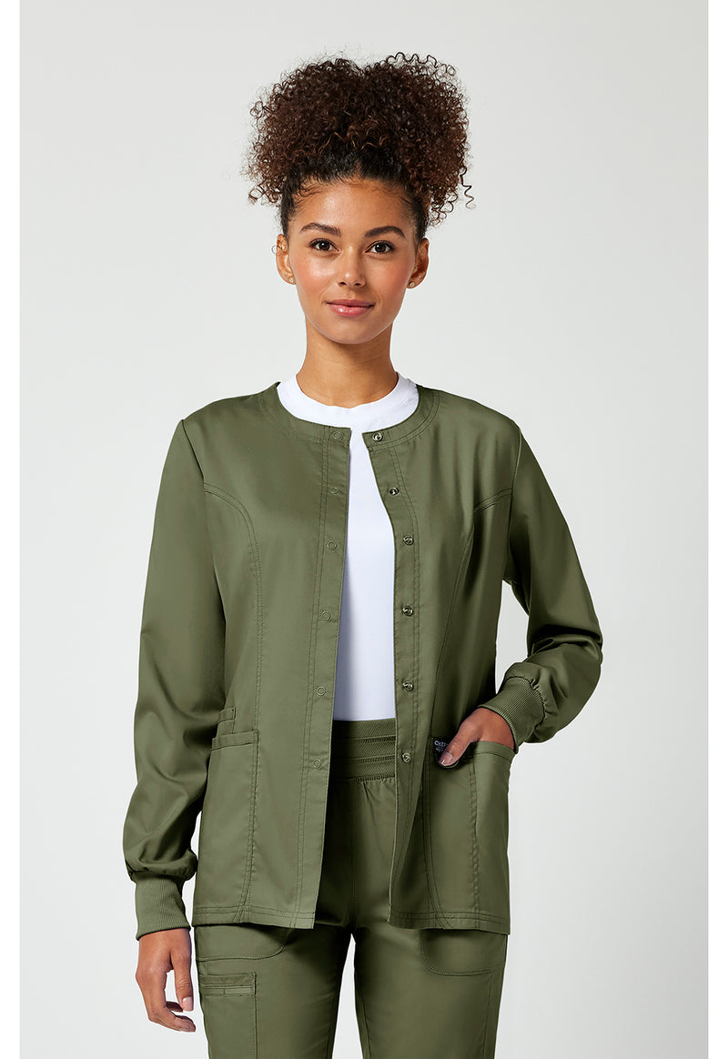 Olive - Cherokee WW Revolution Women Scrub Jacket - Front View