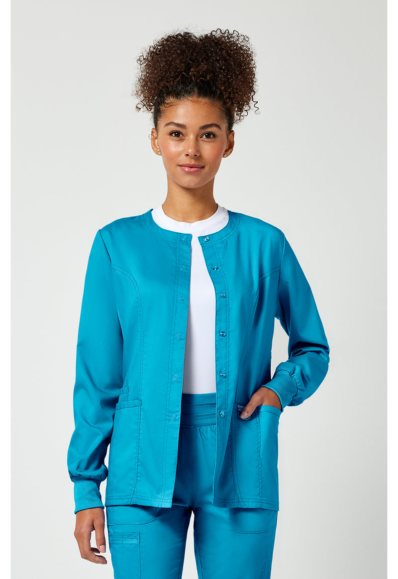 Turquoise - Cherokee WW Revolution Women Scrub Jacket - Front View