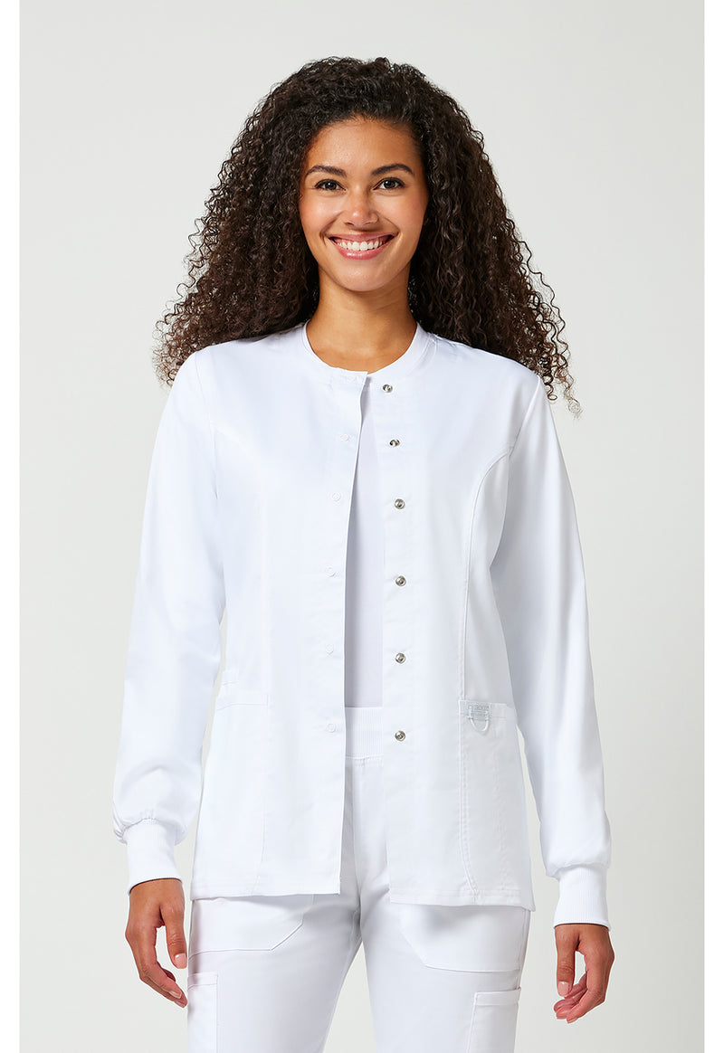White - Cherokee WW Revolution Women Scrub Jacket - Front View