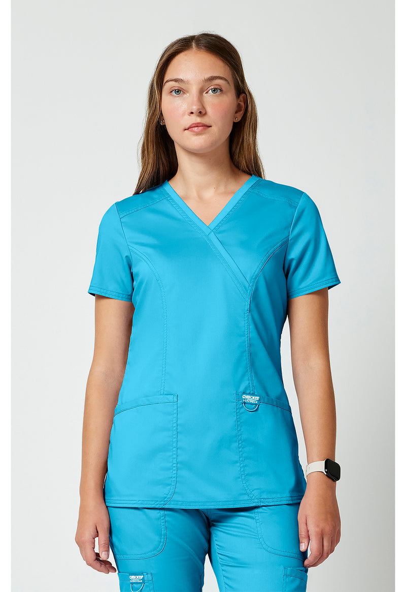 Turquoise - Cherokee WW Revolution Women Scrub Top - Front View