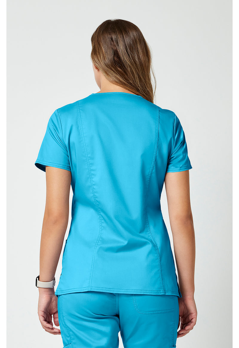 Turquoise - Cherokee WW Revolution Women Scrub Top - Back View