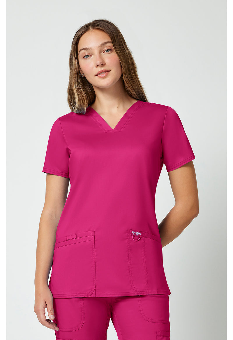 Electric Pink - Cherokee WW Revolution Women Scrub Top - Front View