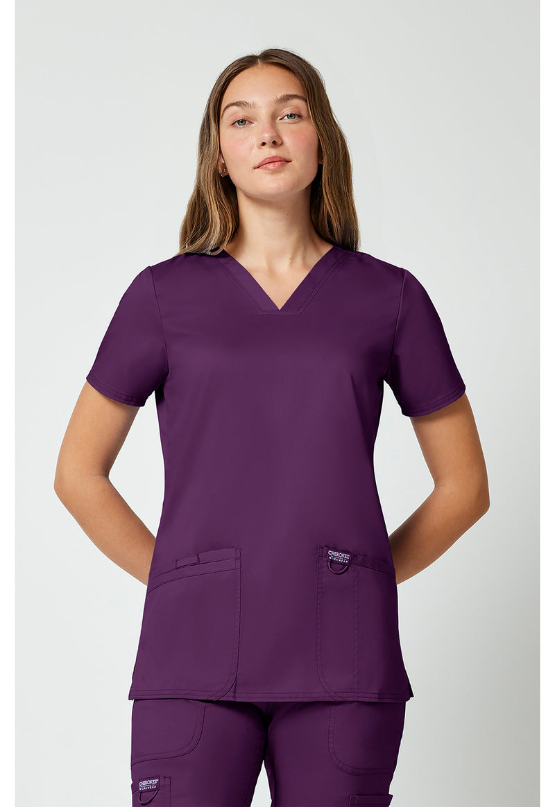 Eggplant - Cherokee WW Revolution Women Scrub Top - Front View