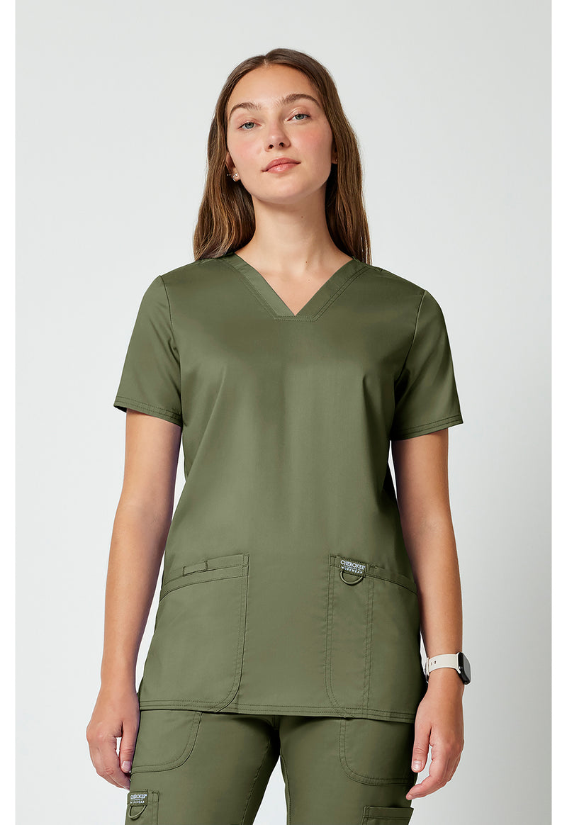Olive - Cherokee WW Revolution Women Scrub Top - Front View