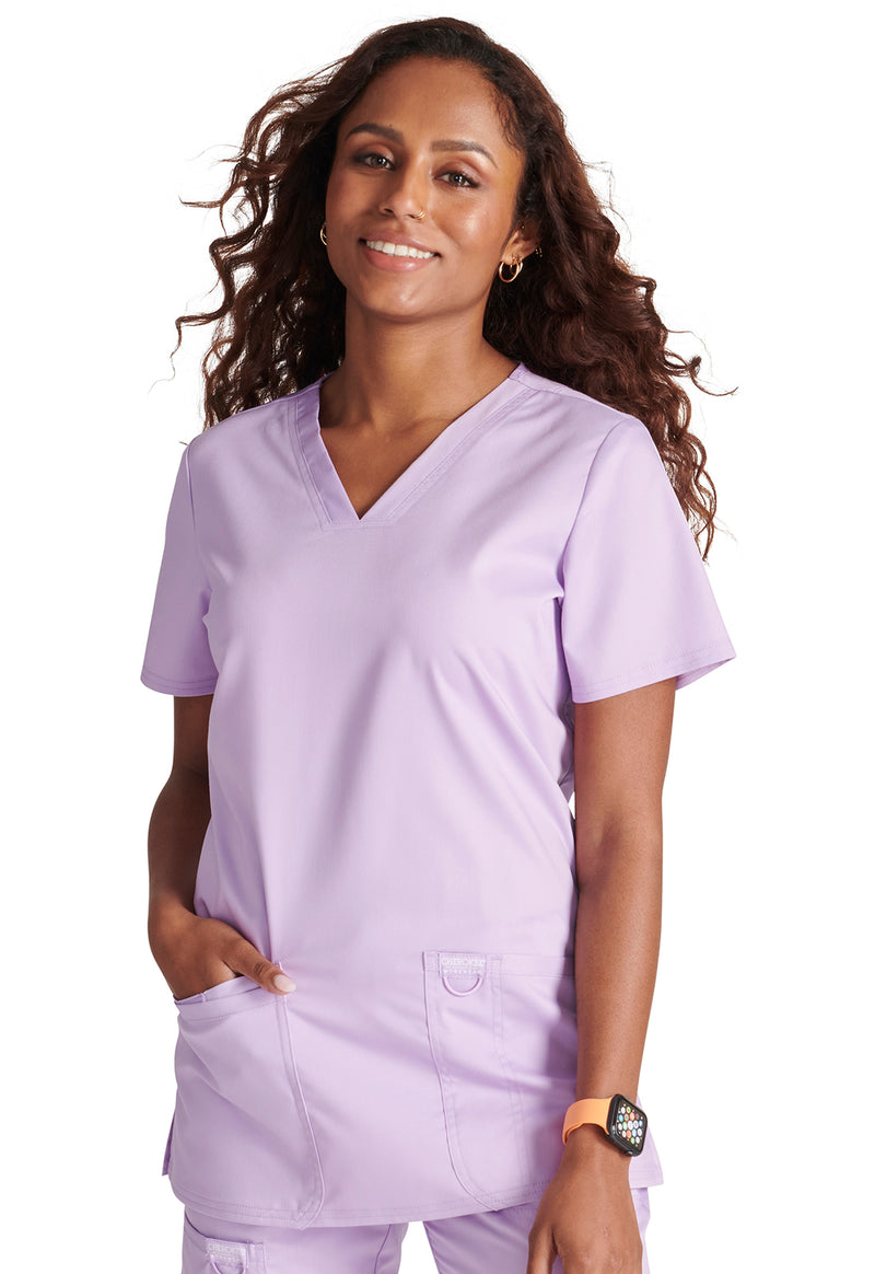 Purple Freesia - Cherokee WW Revolution Women Scrub Top - Front View