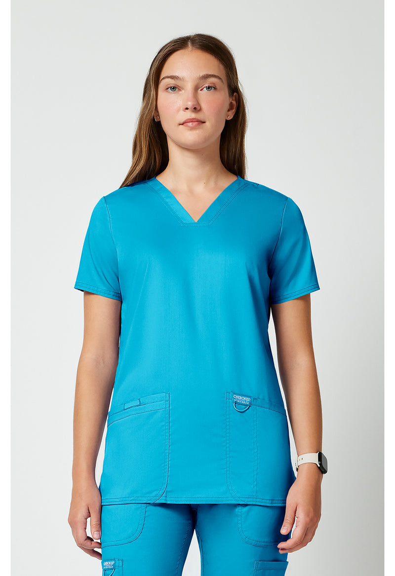 Turquoise - Cherokee WW Revolution Women Scrub Top - Front View