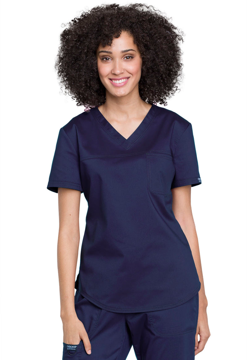 Navy - Cherokee WW Revolution Women's Scrub Top - Front View