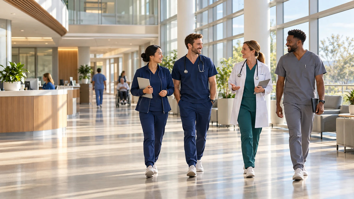 Healthcare team in scrubs walking through a hospital