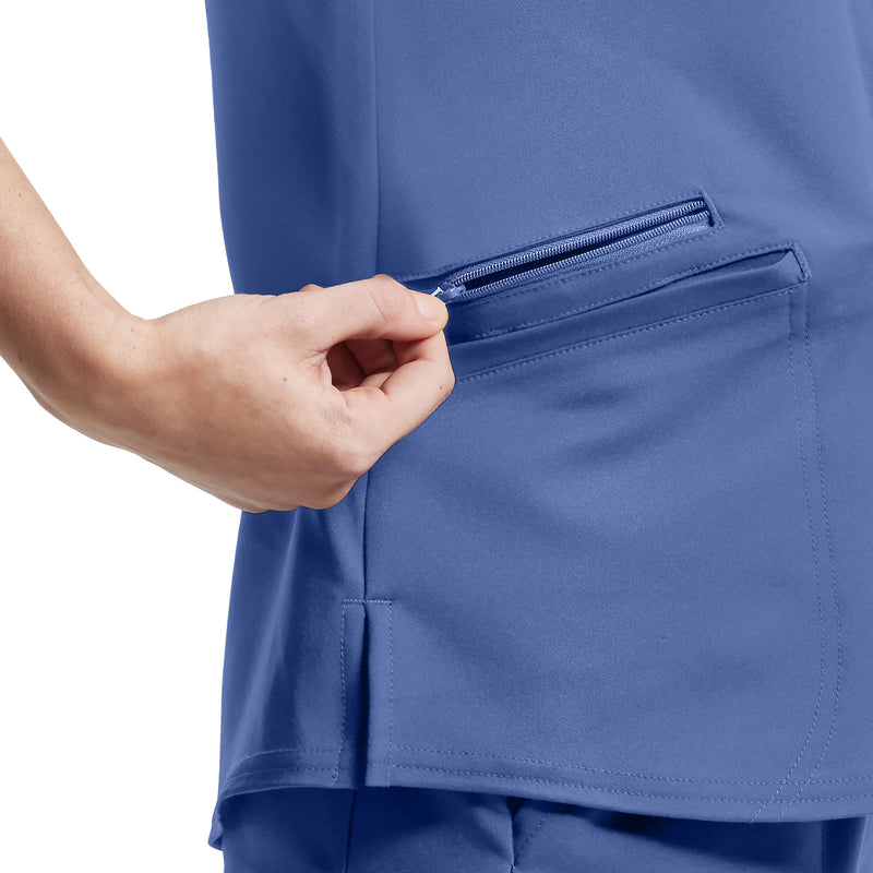 Electric Purple - White Cross 2-Pocket V-Neck Scrub Top - Detail View